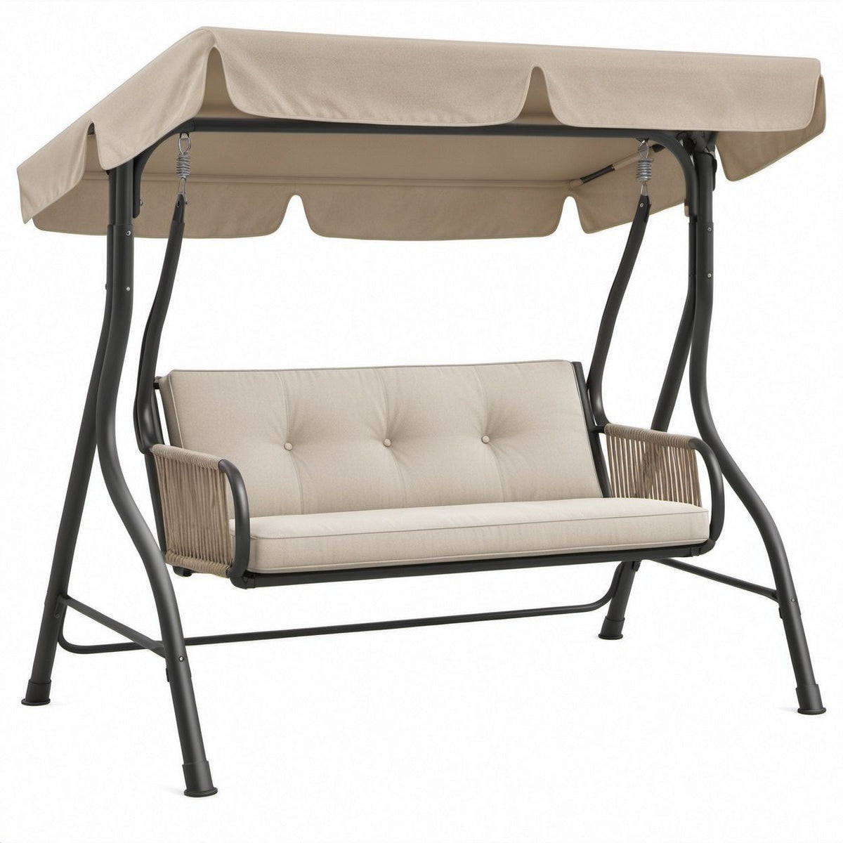 3-Sitzer-Gartenschaukel mit Sonnendach, Beige/Schwarz, 200 x 120 x 170 cm