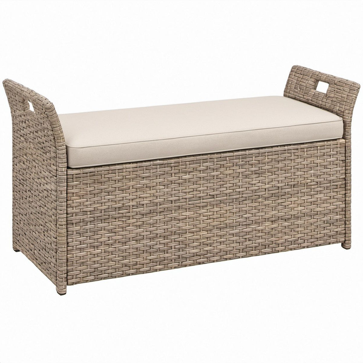 Rechteckige Aufbewahrungsbank aus Polyrattan mit Sitzkissen, Taupe/Beige, 120 x 45 x 60 cm