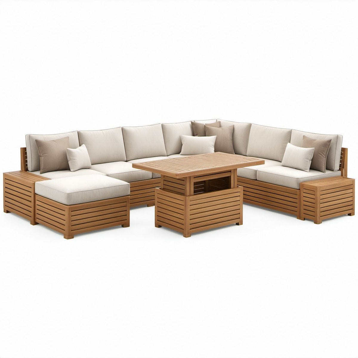 Gartenlounge-Set in L-Form aus Akazienholz, Naturbraun/Beige, 300 x 300 cm