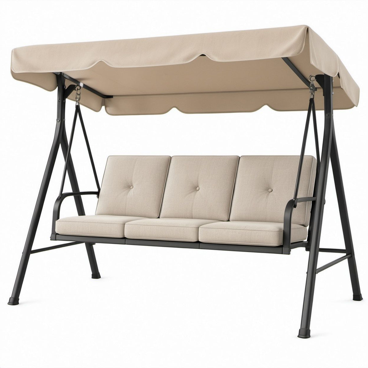 Gartenschaukel für 3 Personen in Beige/Schwarz mit Stahlgestell und Polyester-Dach, 200 x 120 x 170 cm
