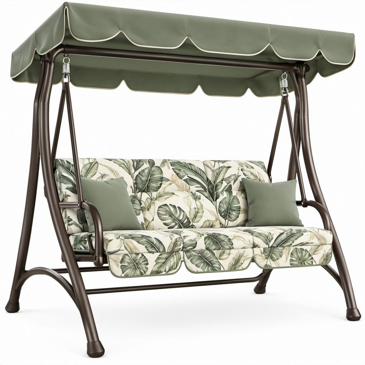 3-Sitzer Hollywoodschaukel mit Sonnendach, Grün/Creme/Dunkelbraun, 170 x 110 x 153 cm
