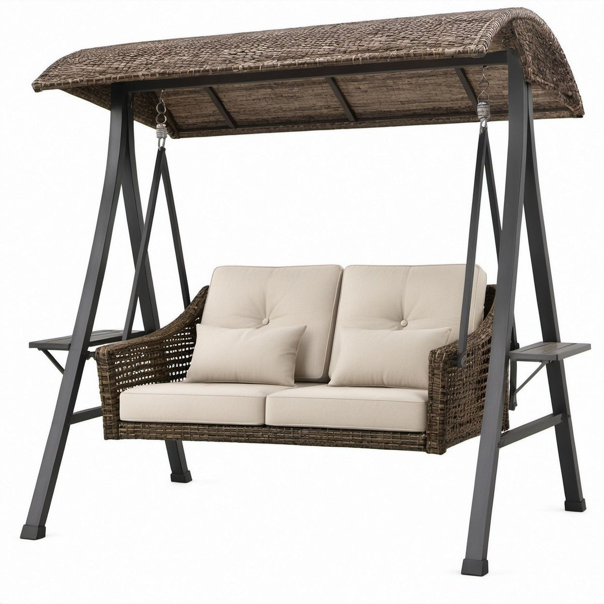 2-Sitzer Hollywoodschaukel aus PE-Rattan und Stahl, 210 x 125 x 180 cm, Anthrazit/Braun/Beige