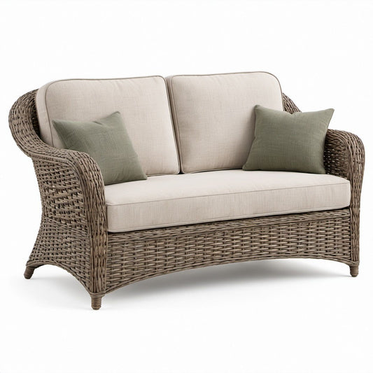2-Sitzer aus Naturgrauem Rattan mit Beigen Kissen und Olivgrünen Zierkissen, 135 x 75 x 90 cm