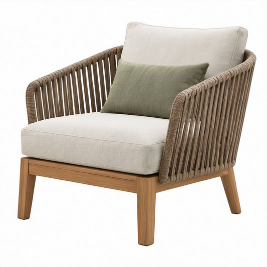 Garten-Loungesessel aus Teakholz mit Polypropylen-Seilgeflecht, Beige/Grün/Taupe/Naturbraun, 80 x 78 x 78 cm