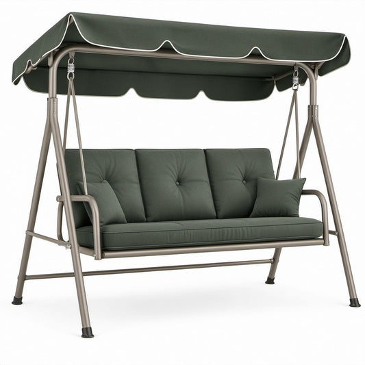 3-Sitzer Gartenschaukel Dunkelgrün/Grau mit Stahlgestell und Polyester-Sonnendach, 200 x 120 x 170 cm