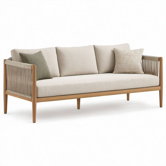 3-Sitzer Gartensofa aus massivem Akazienholz mit Polyesterkissen, Naturbraun/Beige, 200 x 80 x 75 cm