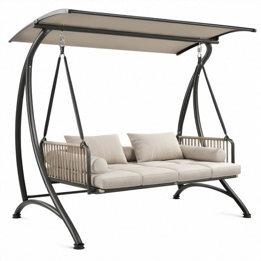 3-Sitzer Gartenschaukel mit Sonnendach, Beige/Schwarz, Stahl und Polyester, 210 x 130 x 200 cm