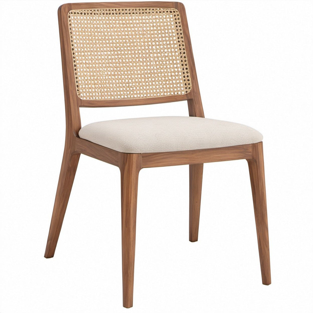 Esszimmerstuhl aus Walnussholz mit Rattan-Rückenlehne und cremefarbenem Sitzpolster, 50 x 58 x 84 cm