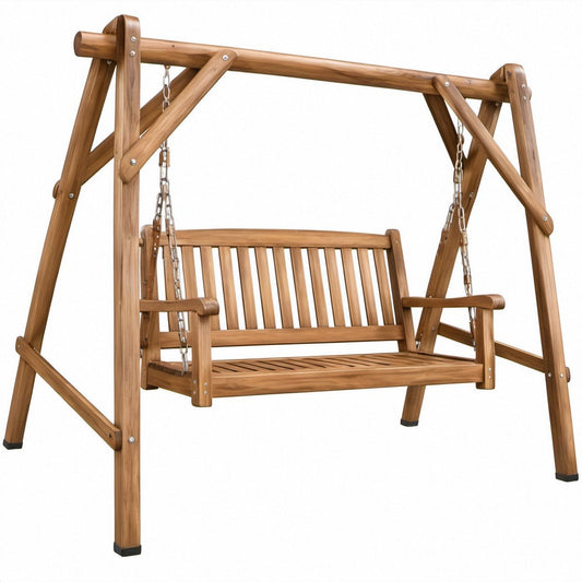 2-Sitzer-Schaukelbank aus massivem Teakholz, Naturbraun/Schwarz, 170 x 110 x 153 cm