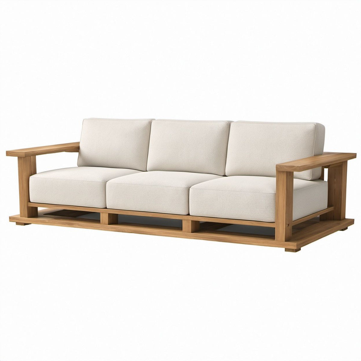 3-Sitzer-Gartensofa aus massivem Teakholz mit cremefarbenen Polyesterkissen, Natur, 220 x 85 x 75 cm