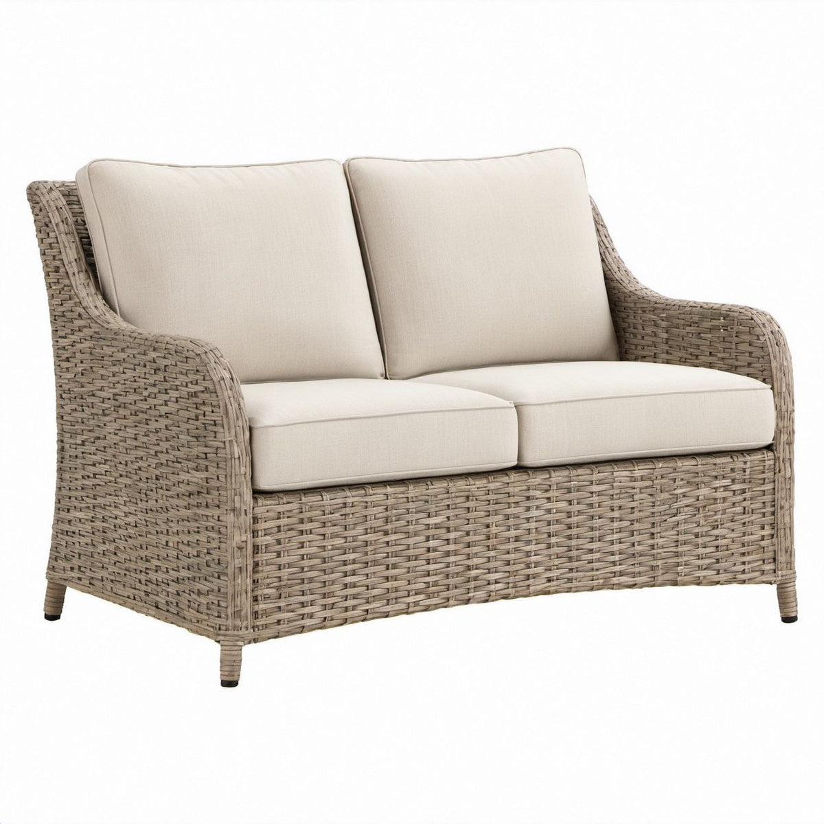 2-Sitzer-Gartensofa aus Rattan in Naturgrau mit beigen Polyesterkissen, 130 x 80 x 86 cm