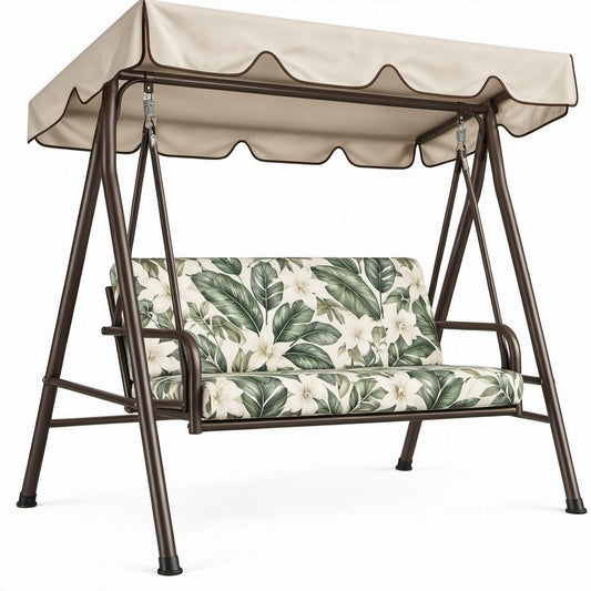 3-Sitzer Gartenschaukel mit Sonnendach, Creme/Grün/Dunkelbraun, 170 x 110 x 153 cm