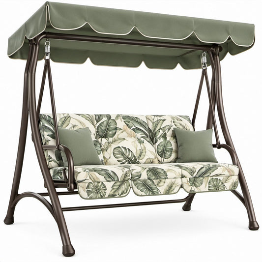 3-Sitzer Hollywoodschaukel mit Sonnendach, Grün/Creme/Dunkelbraun, 170 x 110 x 153 cm