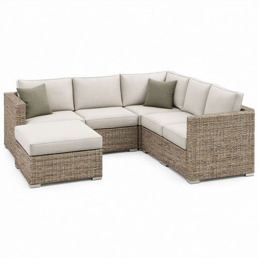 L-förmiges Polyrattan-Ecksofa mit Hocker, Naturbraun/Beige/Olivgrün, 250 x 250 x 65 cm