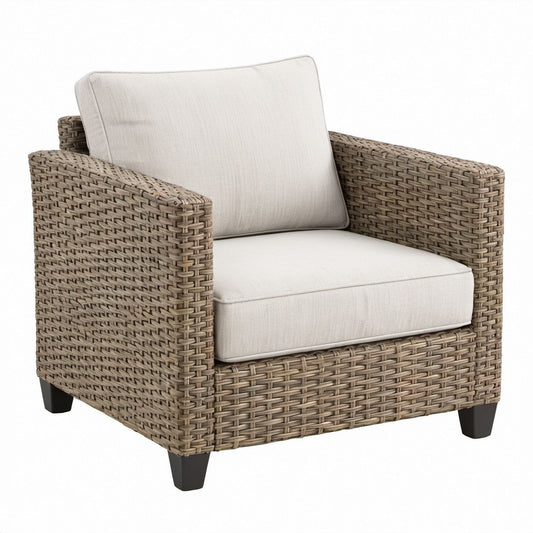 Eckiger Gartensessel aus Polyrattan in Beige/Taupe/Schwarz mit Polyesterkissen, 85 x 83 x 78 cm