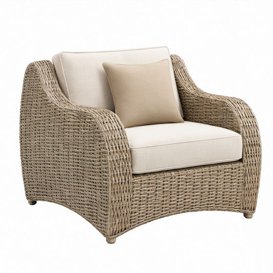 Loungesessel aus Naturbraunem Rattan mit Cremefarbenen und Beigen Kissen, 105 x 95 x 85 cm
