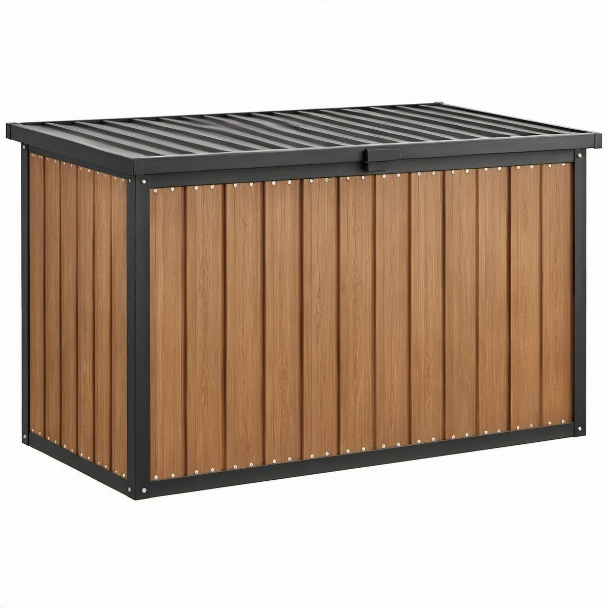Rechteckige Aufbewahrungsbox aus pulverbeschichtetem Stahl und WPC, Schwarz/Braun, 132 x 72 x 90 cm